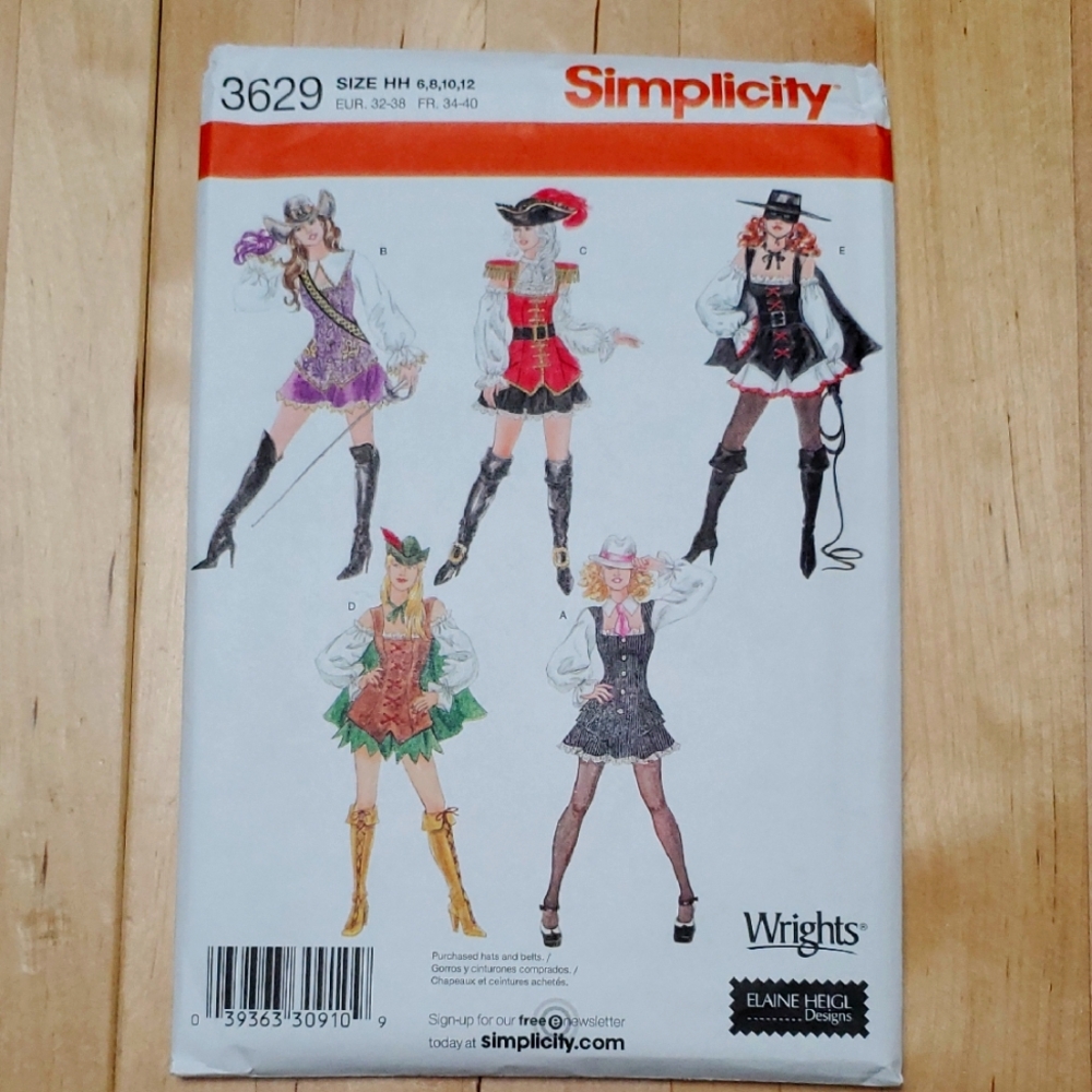 Simplicity Costume Pattern 3629 - Size 6, 8, 10, 12 - NWT